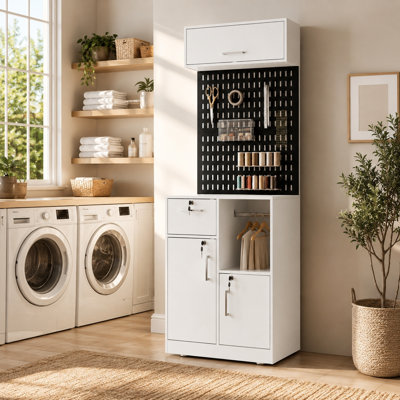 Armoire de rangement blanche pour salle de lavage de 78,9 po de hauteur - panneau perforé mural, 1 tiroir verrouillable + 2 armoires verrouillables