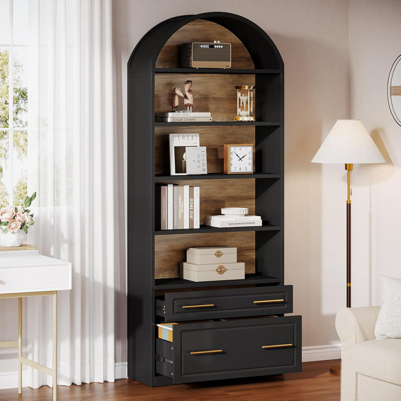 78.77'' Tall Bookcase With Drawers, Black