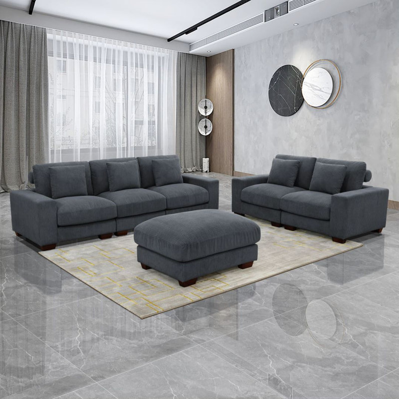Dark Grey Corduroy 6-Piece Living Room Sofa Set Loveseat And 3 Seater