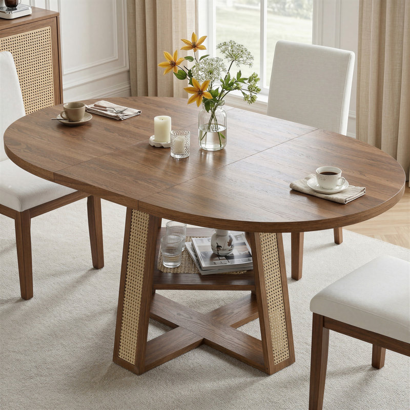 Table de salle à manger extensible de 109 à 150 cm, ronde à ovale avec tablette de rangement, 4 à 8 couverts, rallonge amovible, pour cuisine et salle à manger, noyer