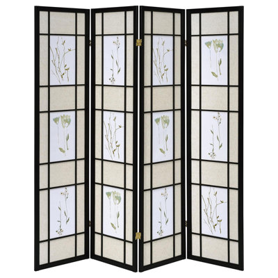 Floral Black 4-Panel Folding Room Divider Screen With Motif Design | Gift Idea