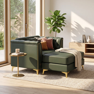 Fauteuil d'appoint Chesterfield de luxe 40,1 po avec repose-pieds, canapé en similicuir 1 place avec capitonnage à boutons, accoudoirs garnis de métal et pieds fuselés, comprend 1 coussin pour le salon
