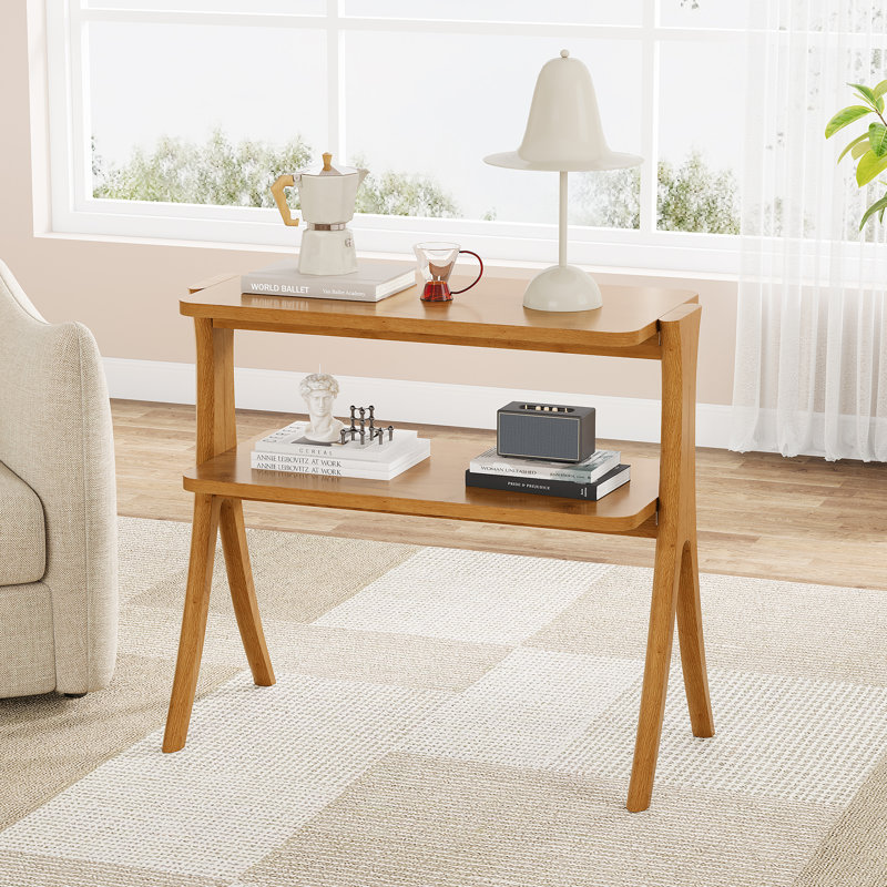 24.6'' Tall End Table Side Table With 2-Tier Storage Shelves And Solid Wood Legs, Warm Brown