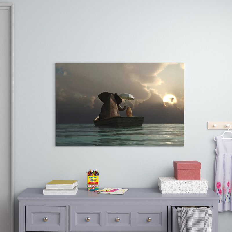 Elephant And Dog Are Floating In A Boat by Mike Kiev - Wrapped Canvas Print, 66.04 cm H x 101.6 cm W x 1.91 cm D
