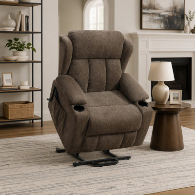 Fauteuil inclinable électrique en lin brun Lusio avec élévateur, porte-gobelets et siège à ressorts ensachés pour un confort ultime
