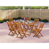 Restu 7 Piece Bistro Table Set Outdoor- Great For The Beach, Campy, Picnics - Wonderful Wood Folding Table With 6 Arms Less Modern Dining Chairs- Natural Oil Finish