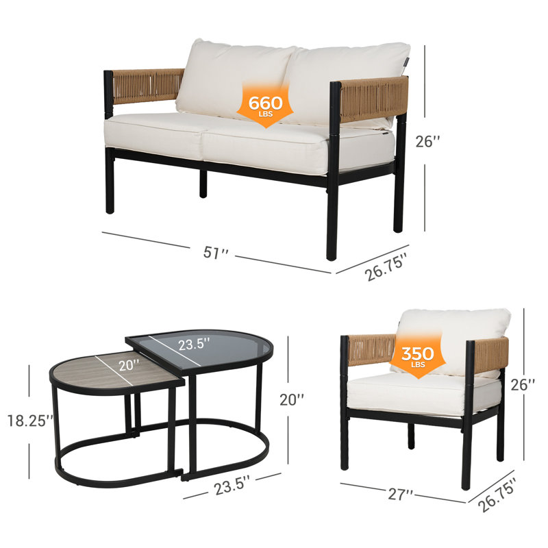 Maine Defino 6 Piece Steel Wicker Seating Group With Cushions, White Cushion/Natural Arm