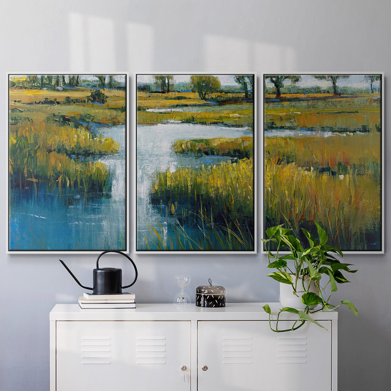 Marshland View III, ensemble de 3 toiles encadrées, H 24 po x l 48 po x P 2 po, Cadre blanc