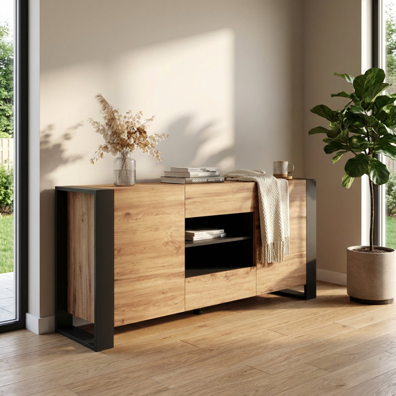 Togut 64.5" Sideboard with High Gloss Finish, Oak/Gray