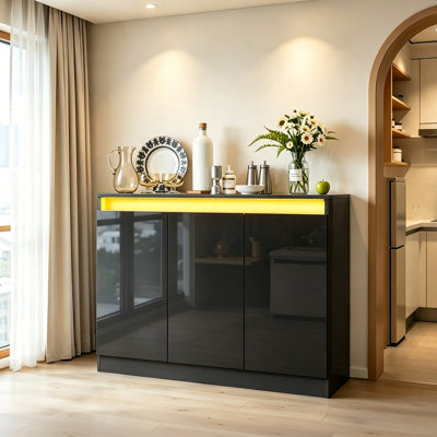 High Gloss Buffet Cabinet With Led Lights, Modern Sideboard Coffee Bar With 3 Doors, Handless Modern Sideboard Storage Cabinet For Living Room, Entryway, Black