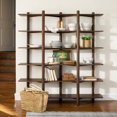 6-Tier Modern Organic Acacia Veneer Open Bookshelf with Solid Wood Supports