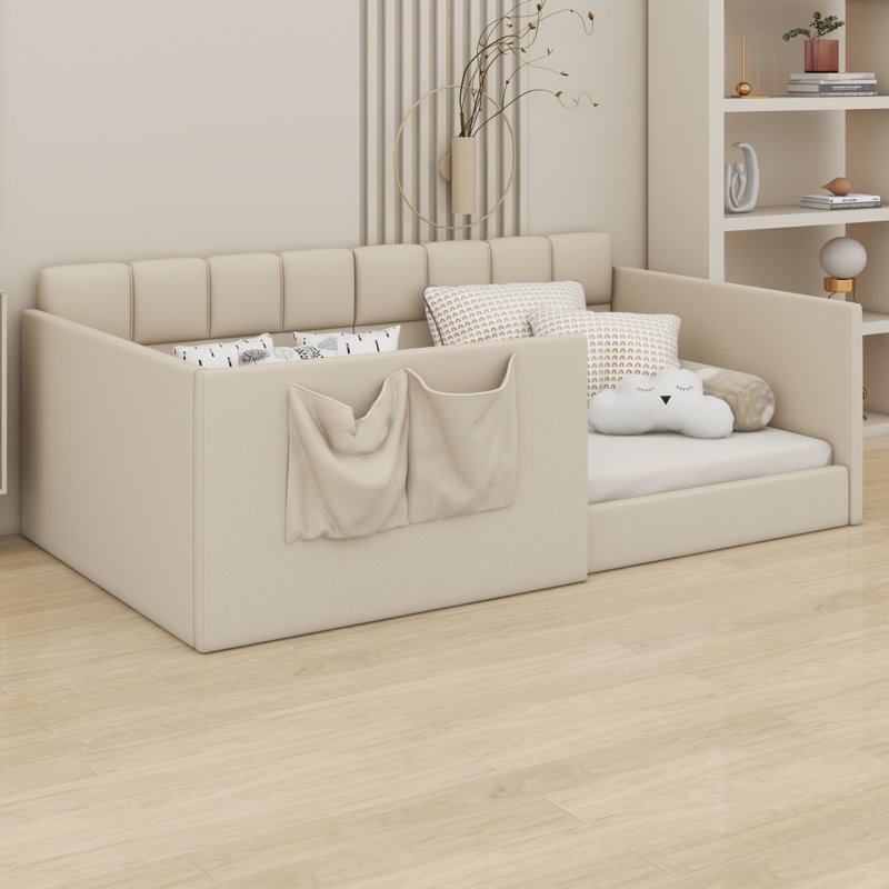 Upholstered Daybed Bed, High Side Panels Design with Side Entrance & Built-in Storage Pockets, Twin, Beige