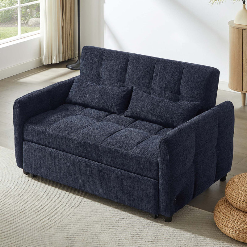 Canapé-lit confortable de 52,8 pouces avec dossier réglable, ports USB et support lombaire pour un salon polyvalent, Blue