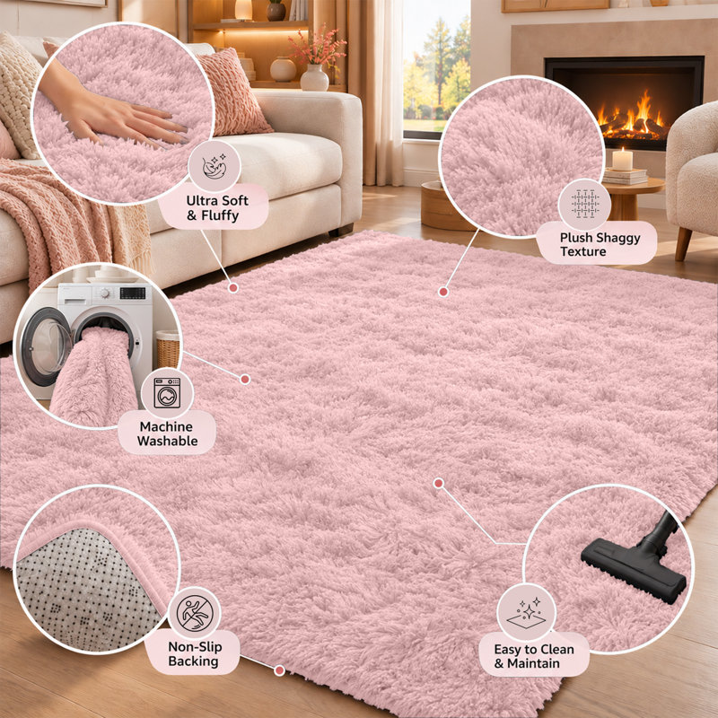 Alberic Rectangle Shaggy Washable Area Rug, Rectangle 200 x 290 cm