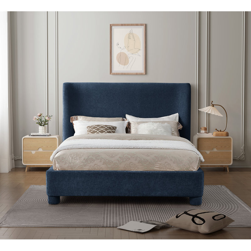 Hridhaan Upholstered Unfinished Wingback Bed, Queen, Navy Chenille Fabric