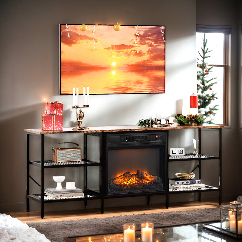 Meuble télé avec foyer, console multimédia, compatible avec foyer électrique, flammes 3D, réglage 62-82,, télécommande et minuterie