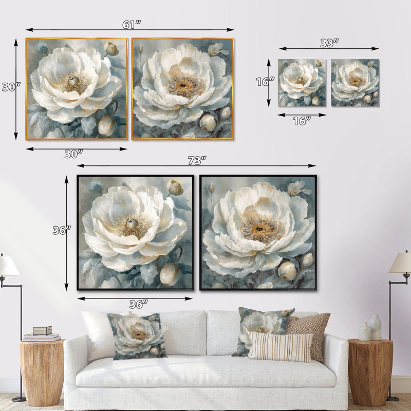 Ensemble de 2 pivoines blanches et bleues - ensemble de 2 pivoines carrées, Cadre flottant noir, H 16 po x l 33 po