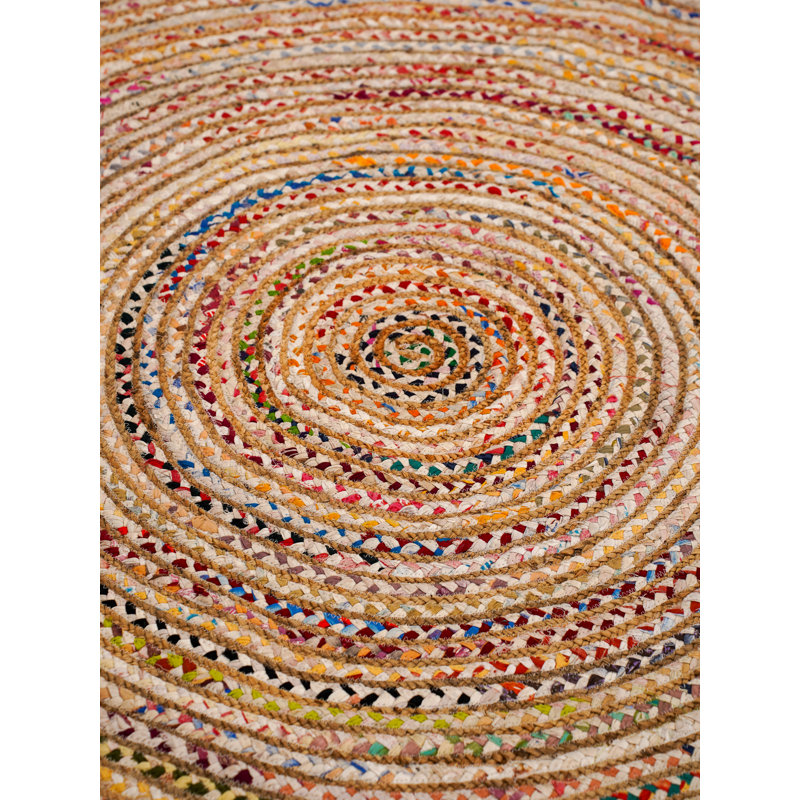 Hand Braided Cotton & Jute Contemporary Light Multicolor Indoor / Outdoor Round Area Rug, Round 5'x5'