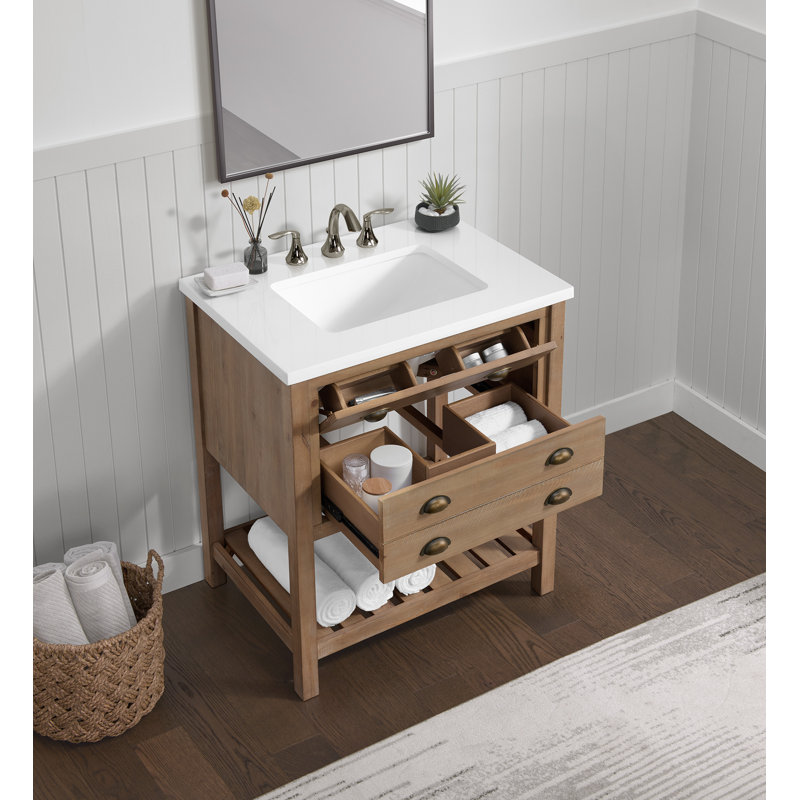 Meuble-lavabo simple autoportant avec plateau en marbre Grigg, Bois flotté