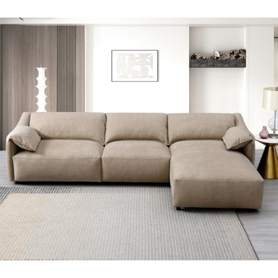 Canapé modulaire élégant en méridienne droite en suède brun - Coussins de soutien 3 sièges confortables et chics