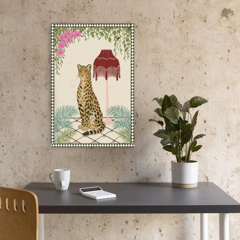 Élégant léopard tropical, rétro, rétro, chat, orchidée, palmier, fleur, art mural, 18" H x 12" W