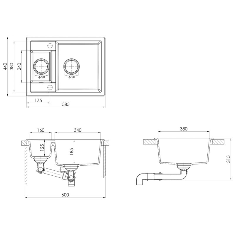 Belfry Kitchen Ashby 440mm W Double Bowl Stone Kitchen Sink with 1 Faucet Hole, White