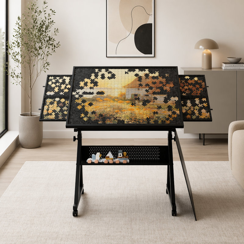 1500 Pieces Jigsaw Puzzle Metal Table Board For Adults Gift With 4 Trays(Black), Black
