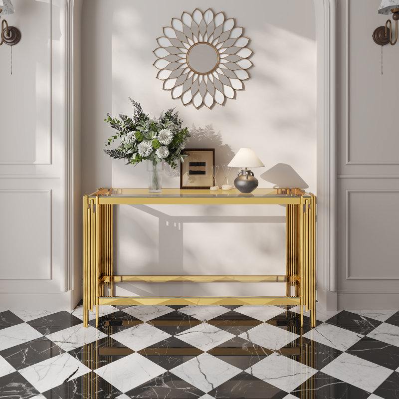 Top And Bottom Double Layer Tempered Glass Console Table And Mirror Finished Stainless Steel Frame, Gold, Clear