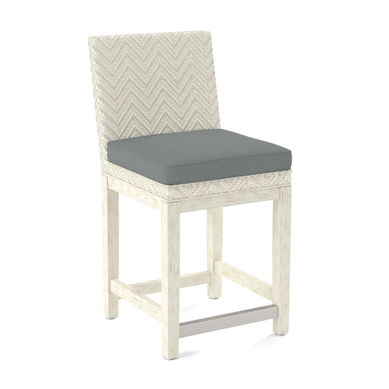 Tabouret de comptoir tissé, Finition blanc antique givré, Tissu performance bleu clair; 0851-55