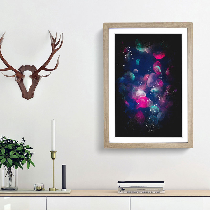 Many Jellyfish Paint Splash - Framed Print, 33cm H x 24cm W x 2cm D, Oak Framed