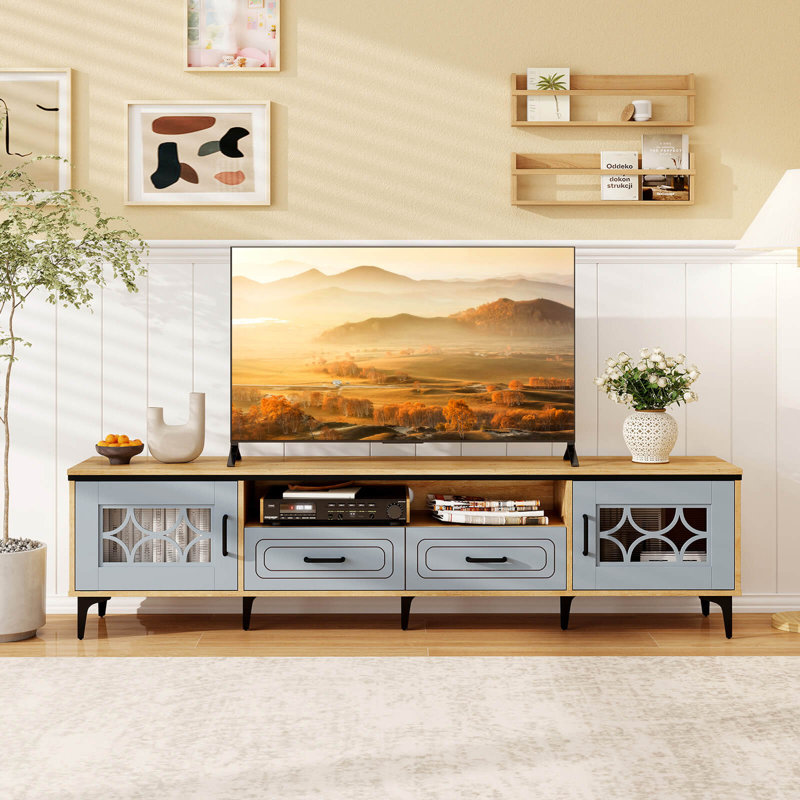Meuble télé 71 po pour téléviseur de 80 po ou moins avec armoires latérales et tiroirs à compartiment ouvert, Beige/bleu