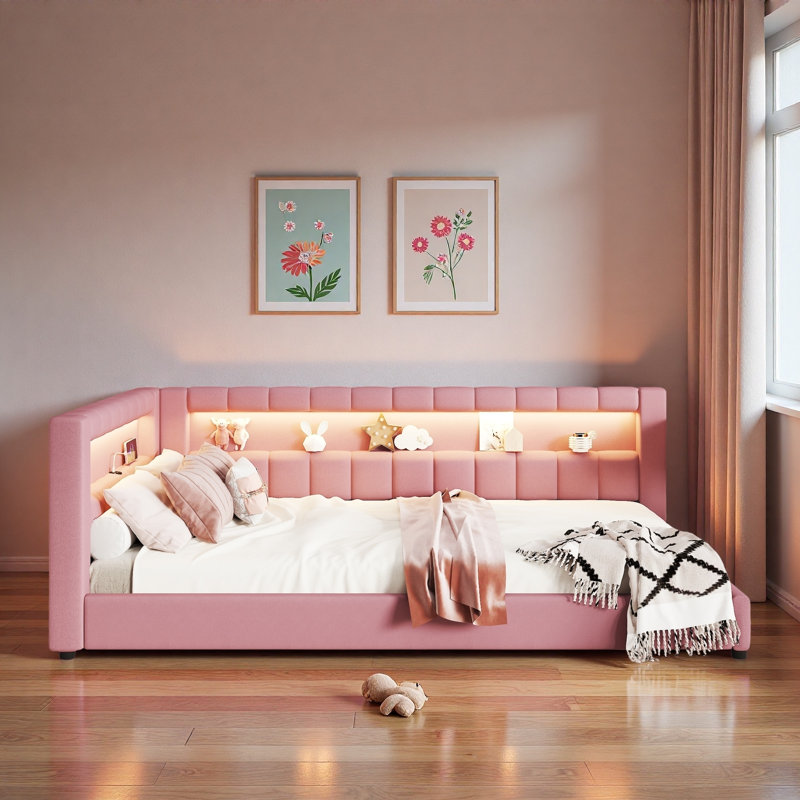 Upholstered Daybed With Usb Ports And Led Light Strips, Full XL, Pink