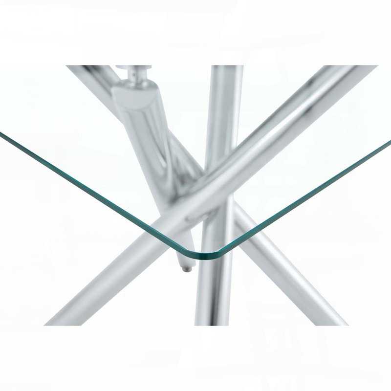 Modern Electroplated Metal Leg Bar Table with Tempered Glass Top - Cross-Leg Pub Table, Clear/Silver