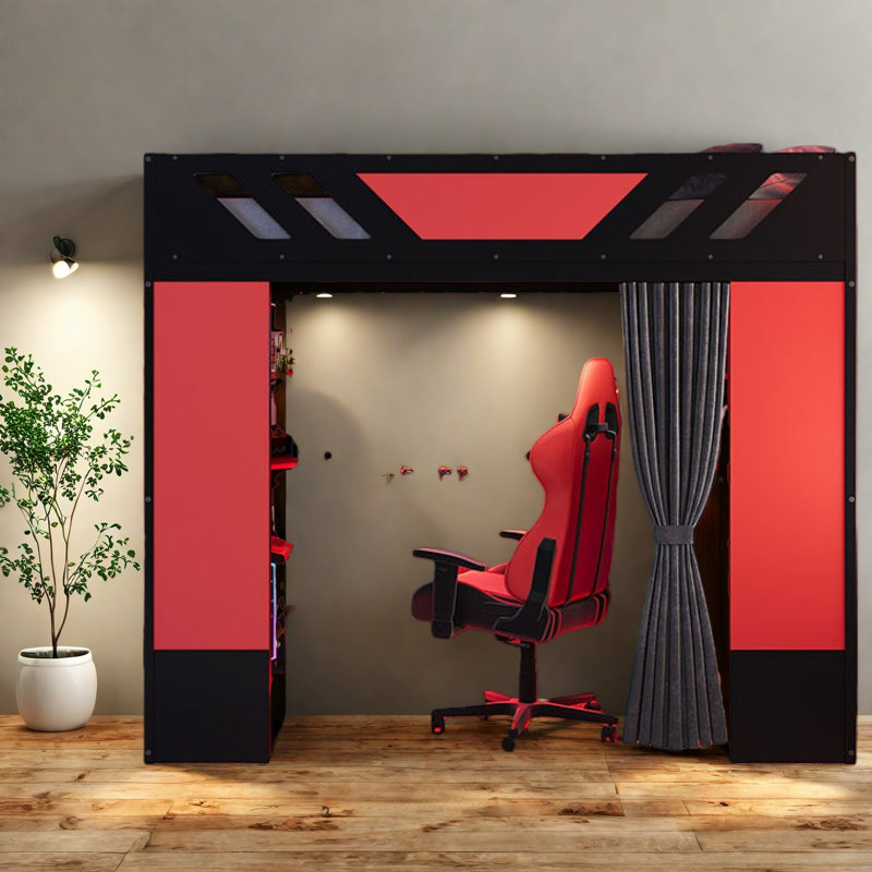 Lit mezzanine en bois pleine grandeur peu encombrant avec tablettes modernes et lumières RVB