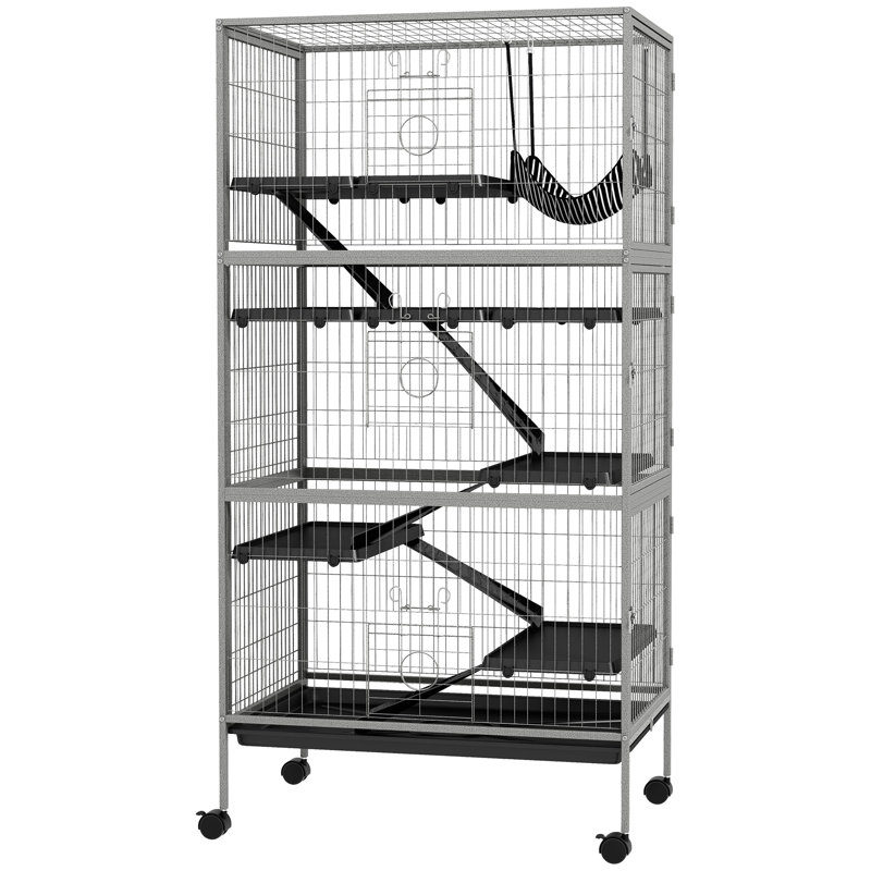 Abri 63 pouces 63 Chinchilla - avec, 6 portes, plateau amovible, fabrication en acier robuste, cage de furet gris, facile à nettoyer, roulant,