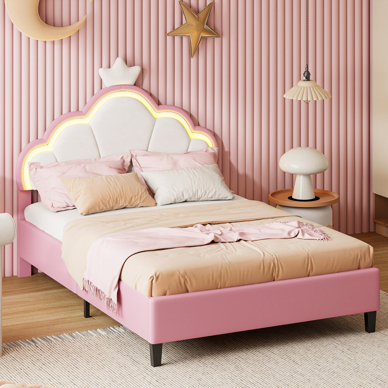 Acamas Pink Princess Single Bed Frame with LED Lights for Girls, Velvet Upholstered Kids Bed with Crown Shape Headboard, Height Adjustable Children's Youth Bed with Solid Wood Slats