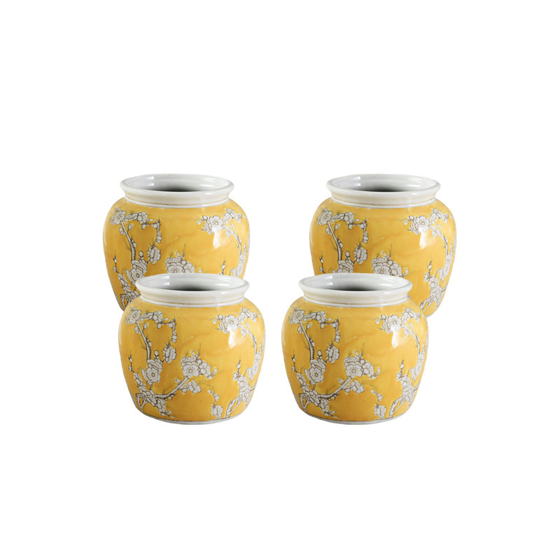  Oriental Blossom Ceramic Vase, Yellow Plum Floral Design With White Branch Motif, Chinese-Inspired Vase For Table, Mantel, Or Entryway Décor, 6" Diameter & 6" Tall, Pack Of 4