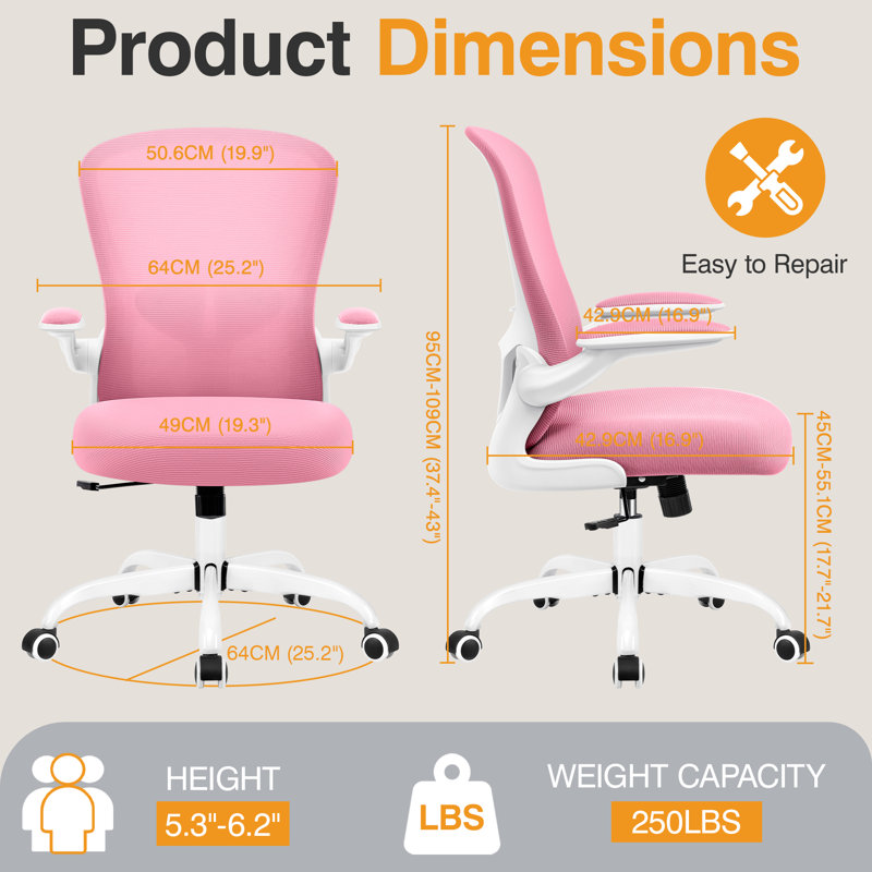 Mesh Task Chair with Adjustable Arms and Lumbar Support, Pink/White