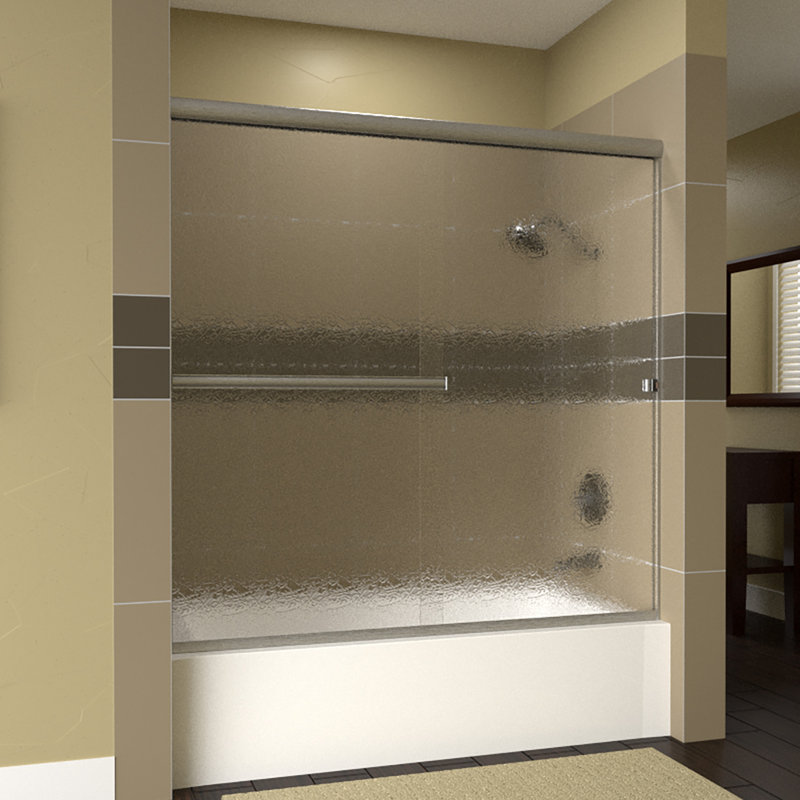 Lete 55.38 in. H Bypass Semi-Frameless Tub Door with Patterned Glass and Header, Rain, Brushed Nickel