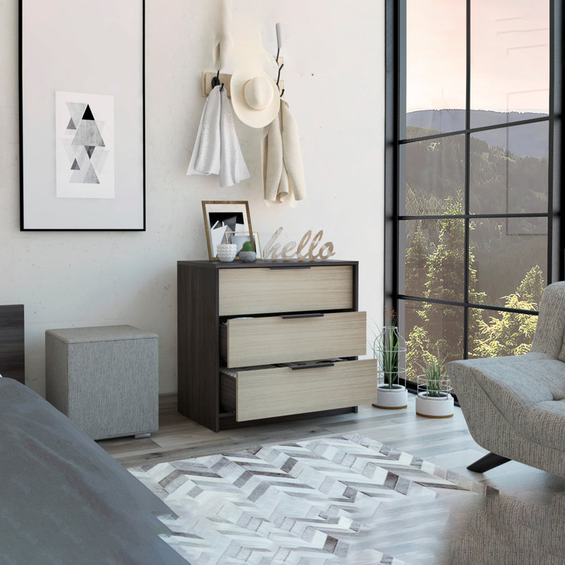 Commode 3 tiroirs Kaia, plateau supérieur, Noir/chêne