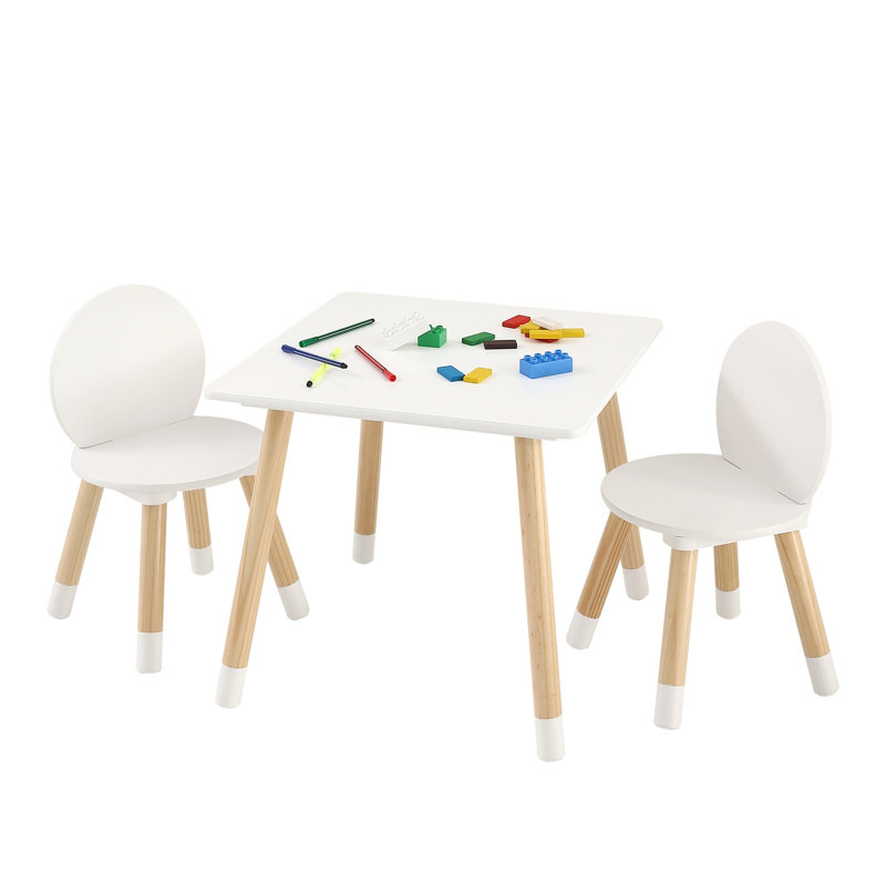 Ensemble de table et 2 chaises Modern Kids - Bureau pour tout-petits blanc avec pieds en pin massif pour l'art, l'artisanat et l'apprentissage