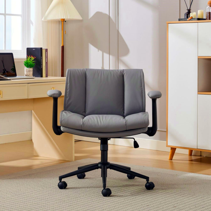 Genuine Leather Cross-leg Chair With Flip-up Armrests, Casters, Suitable For Home Offices, Dressing Areas, And Relaxation Zones, Gray