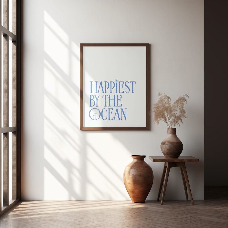 «Happest by the Ocean - Summer Hand lettresing Text A Quote», art mural texturé encadré, Argent, H 24 po x l 18 po