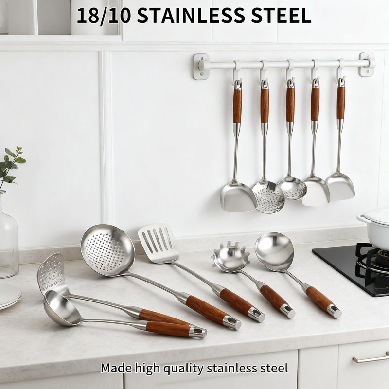 Professional 10-Piece Stainless Steel Kitchen Utensil Set With Wood Handle For Cooking, Serving And Grilling