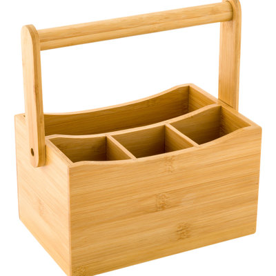 Ustensiles de restaurant - 8,25 po x 5 po x 9,25 po avec porte-serviettes, 1 porte-ustensiles d'extérieur durable - poignée intégrée, 4 fentes, porte-ustensiles de pique-nique en bambou, pour couteaux, fourchettes et cuillères,