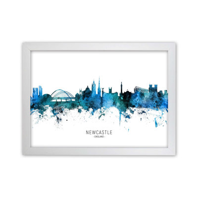 Newcastle England Skyline Blue City Name by Michael Tompsett - Print