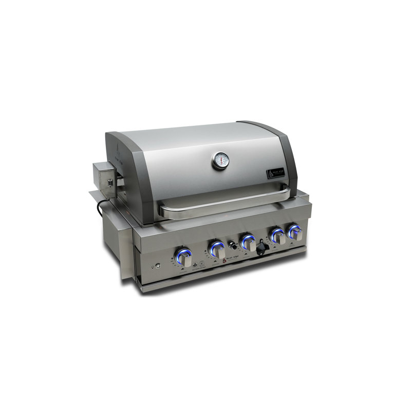 Îlot de cuisine en acier inoxydable pour barbecue à 4 brûleurs Mont Alpi Premium l 32 po x P 23 po x H 21 po avec brûleur arrière infrarouge intégré + plateau à graisse amovible + ensemble de rôtisserie + housse + convertible au gaz naturel + garantie à vie - MABi400
