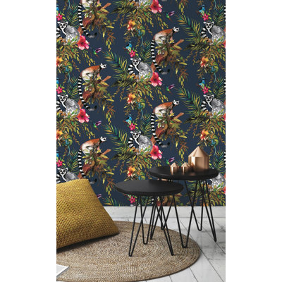 Eriksson Lemur in Tropical Rainforest Metallic Wallpaper Roll