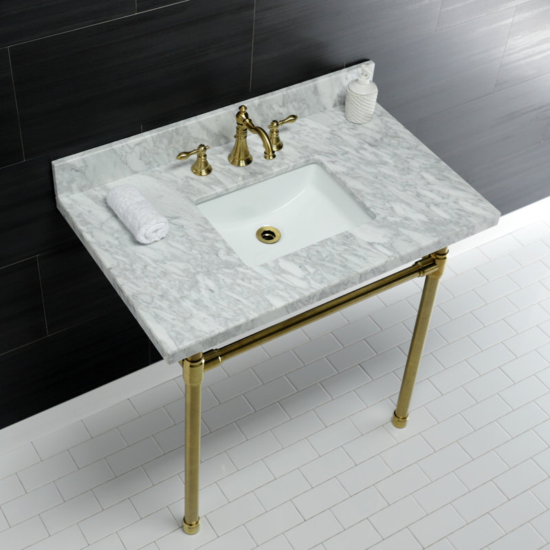 Kingston Brass Dreyfuss 36-Inch Carrara Marble Vanity Top with Stainless Steel Legs (8-Inch, 3-Hole)