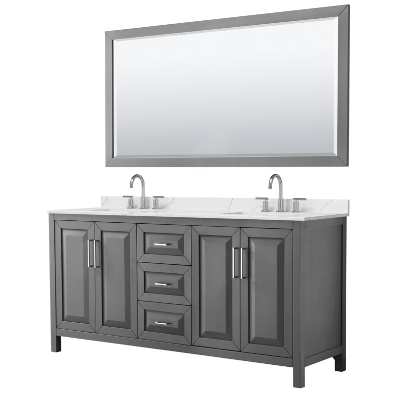 Daria 72 in. with Mirror Vanity, White Quartz, Gray, Polished Chrome